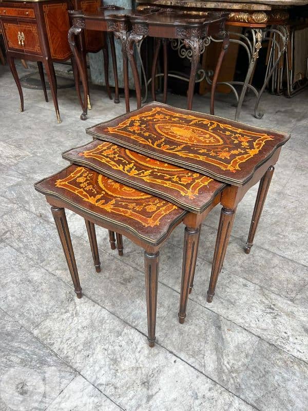 French set coffe table marquetry طقم طاولات فرنسي تنزيل ماركتري ناعم 2