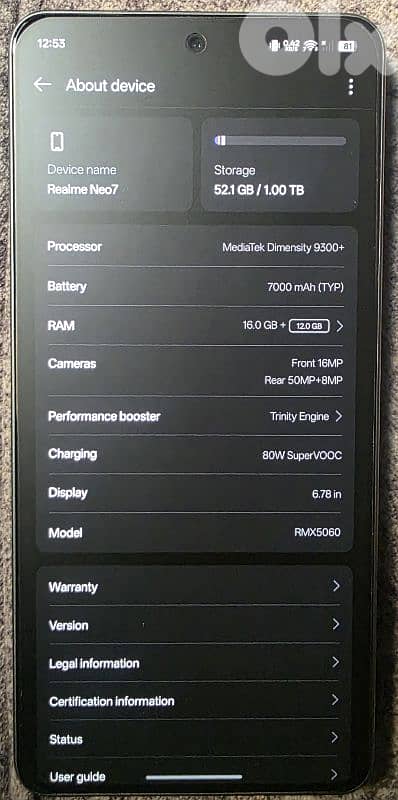 Realme Neo7  1TB 28GB 16+12 RAM Dimensity 9300+  7000mAh Battery 1
