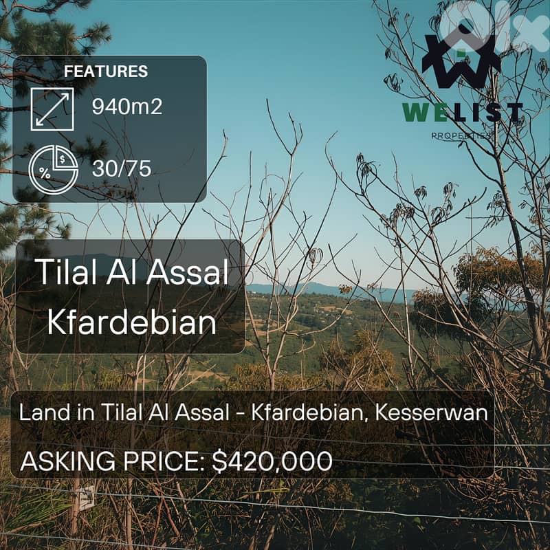 Land for sale in Tilal Al Aasal - Kfardebian ارض في منطقة تلال العسل 0