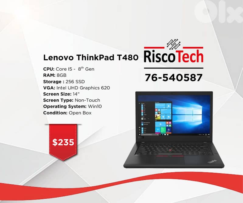 LAPTOP LENOVO THINKPAD T480 - Core I5 - RAM 8GB - 256-GB SSD - لابتوب 0
