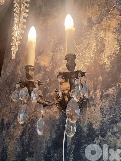 czech original bronze and bohemian crystal pair of wall lights