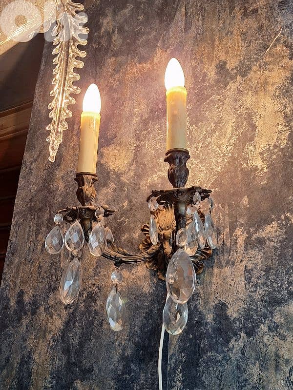 czech original bronze and bohemian crystal pair of wall lights 1