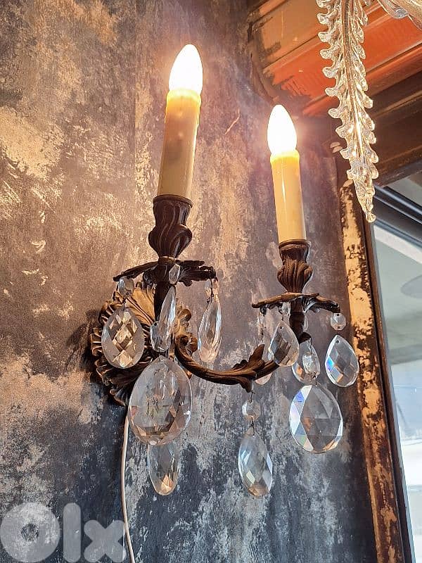 czech original bronze and bohemian crystal pair of wall lights 2