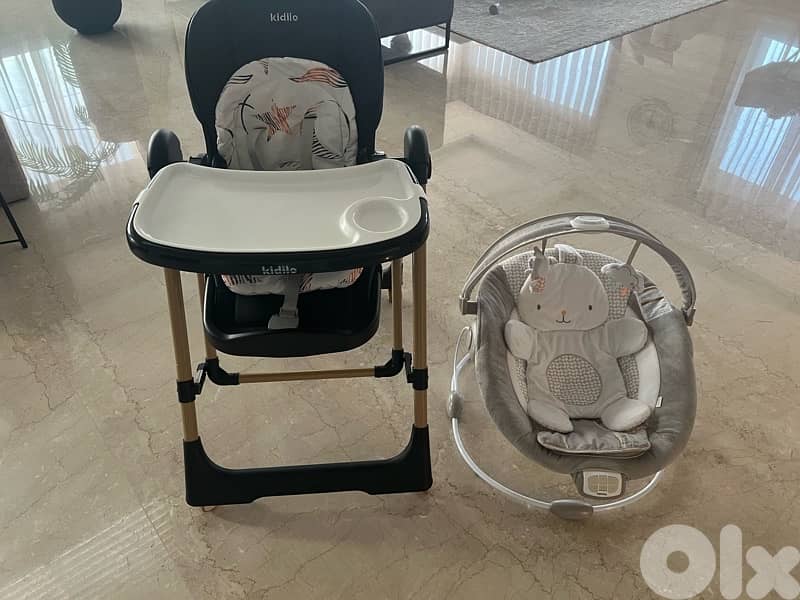 high chair ( turns to swing) + baby rocker 2