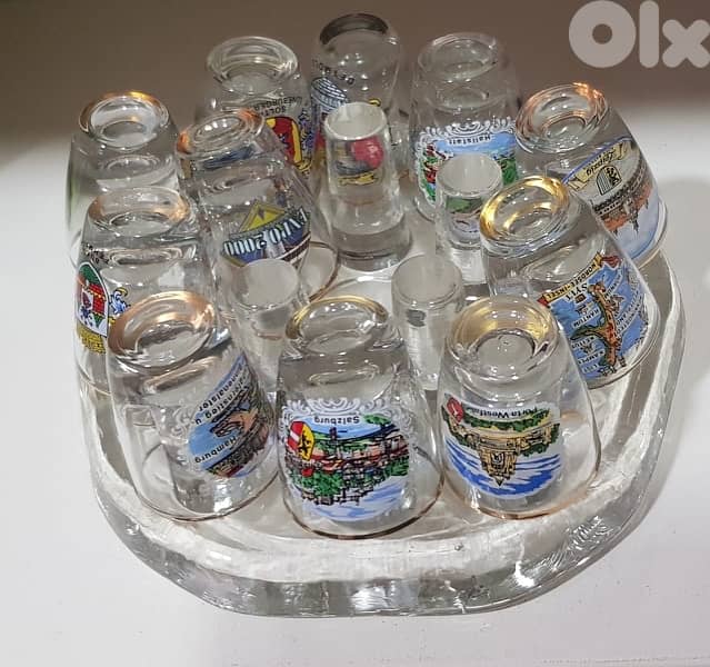 Set of 12 Vintage Souvenir Shot Glasses + Glass Stand 0