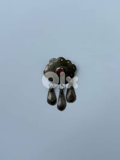 Antique handmade ethnic jewelry silver brooch with red natural stone