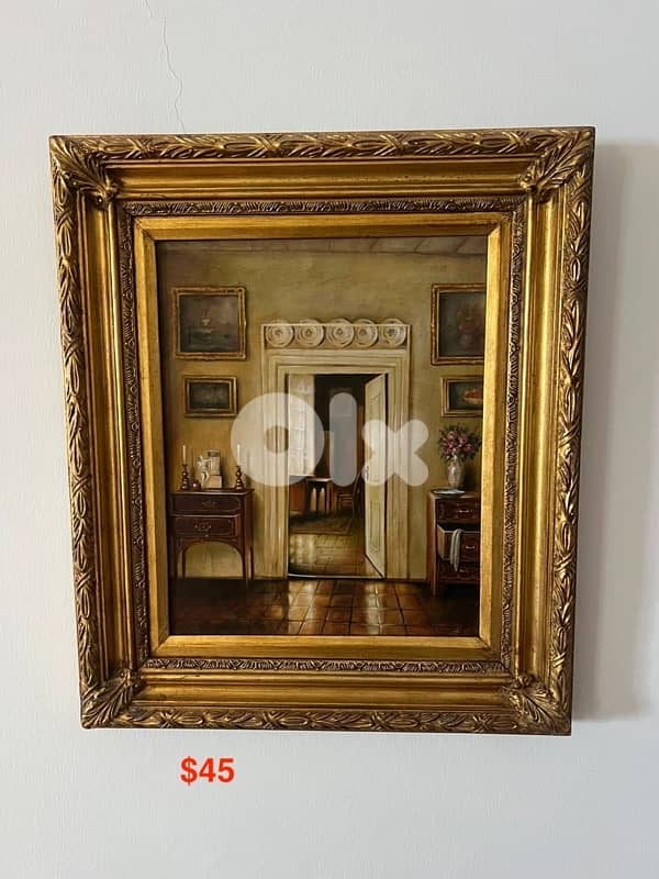 Vintage Interior Scene Painting with Gold Frame 0