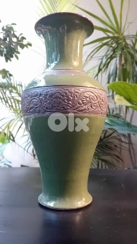 ​Tall Vintage Celadon Green Chinese Ceramic Vase w/ Carved Band 0