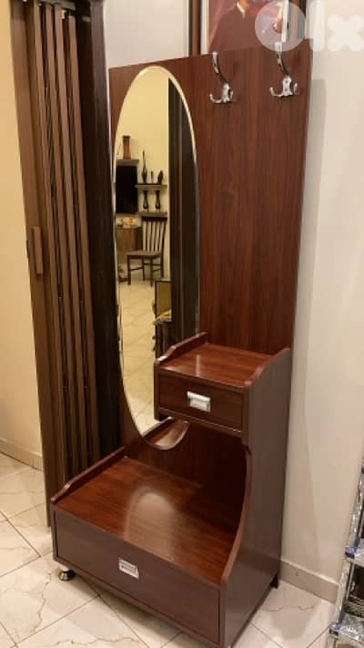 Wooden Entryway Hall Stand with Mirror, Hooks & Storage – Used