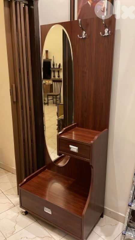 Wooden Entryway Hall Stand with Mirror, Hooks & Storage – Used 0