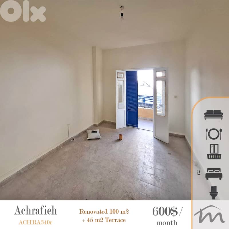 Ashrafieh | Renovated 100m² + 45m² Terrace | 2 Bedrooms Apartment 0