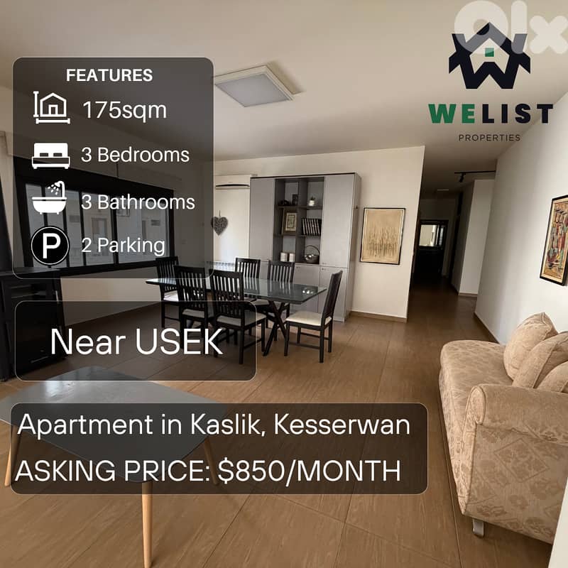 Apartment for rent in Kaslik شقة للايجار في كسليك 0