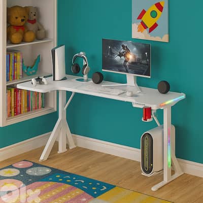 Gaming Desk L-Shaped 160cm RGB with Cup & Headset Holder - White