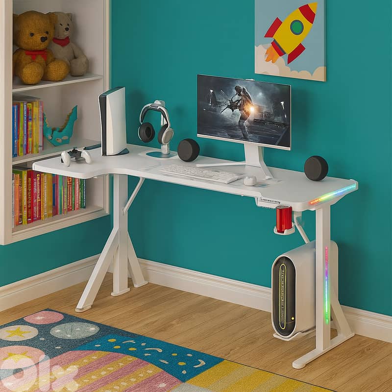 Gaming Desk L-Shaped 160cm RGB with Cup & Headset Holder - White 0