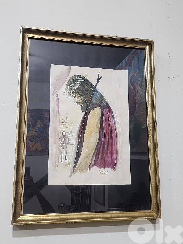 Christ Water Color  لوحة رسم، تابلو  tableau painting antique 1