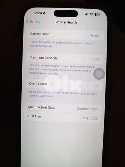 16 pro max 100% battery charged 47 times fiyo kafele la ba3ed 6 month