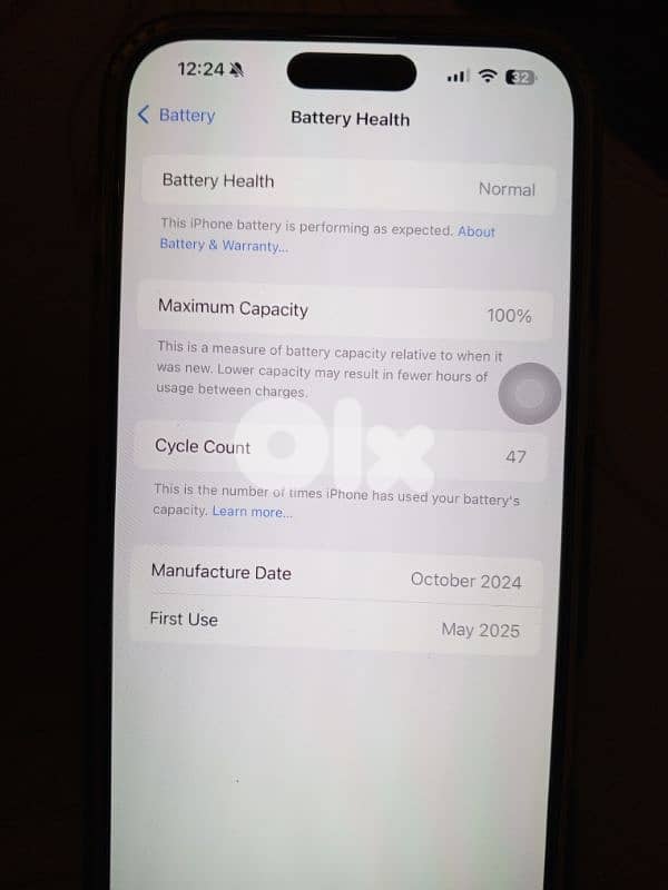 16 pro max 100% battery charged 47 times fiyo kafele la ba3ed 6 month 0