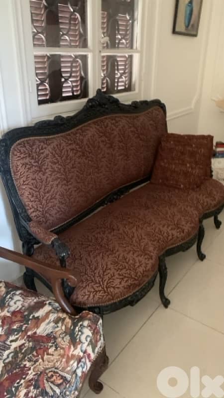 2 antique hand graved oak wood sofas 0