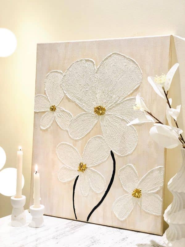 3D White Textured Flower Art لوحة الورد الأبيض 0