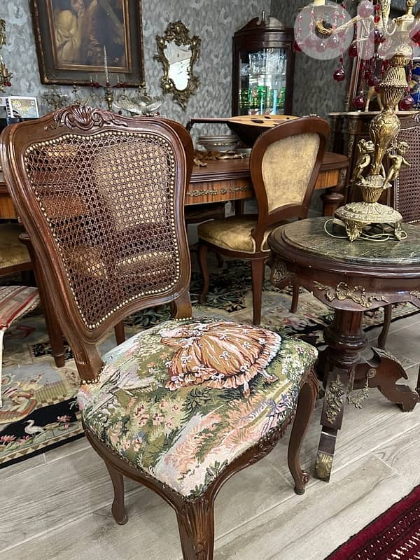 French Louis XV Style Vintage Cane Back Side 2 Chair and table 1