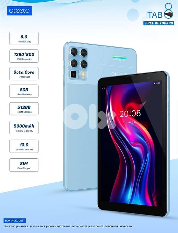 oteeto tab 8 inch 8gb ram 512gb memory 0