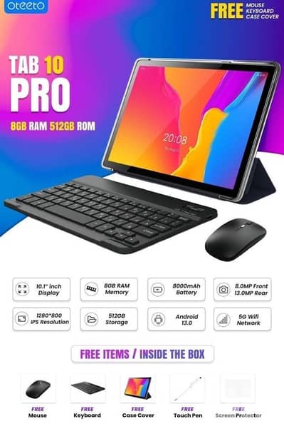 oteeto tab 10 pro 10.1 inch tablet 8gb ram 512gb memory