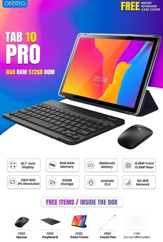 oteeto tab 10 pro 10.1 inch tablet 8gb ram 512gb memory 0