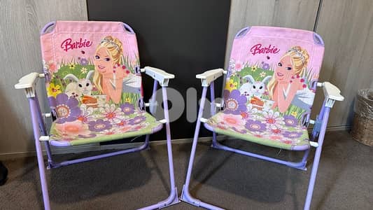 2 barbie chairs & umbrella