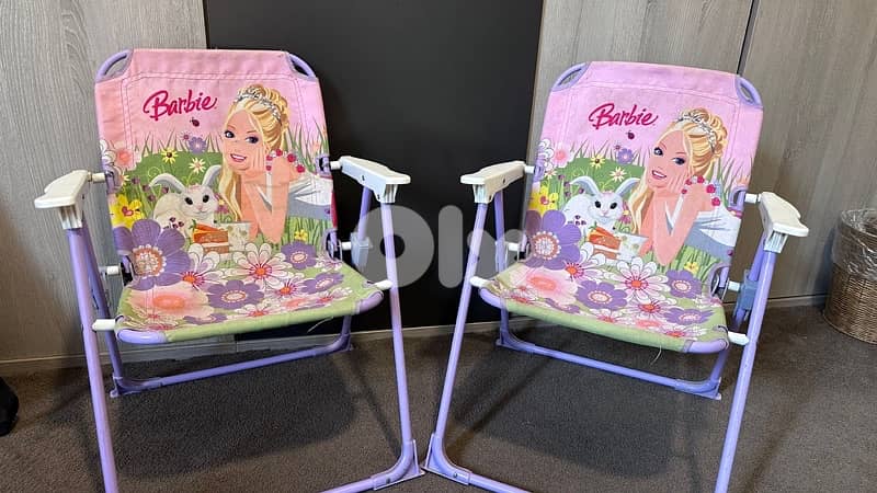 2 barbie chairs & umbrella 0