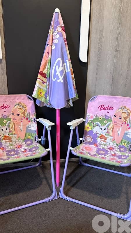 2 barbie chairs & umbrella 2