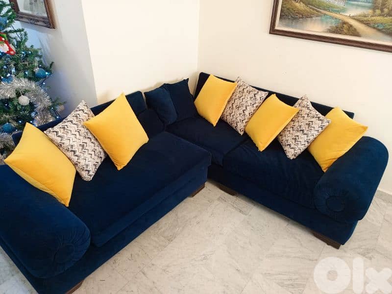 Navy Blue Velvet Corner Sectional Sofa صالون أزرق مخملي مع وسائد 0