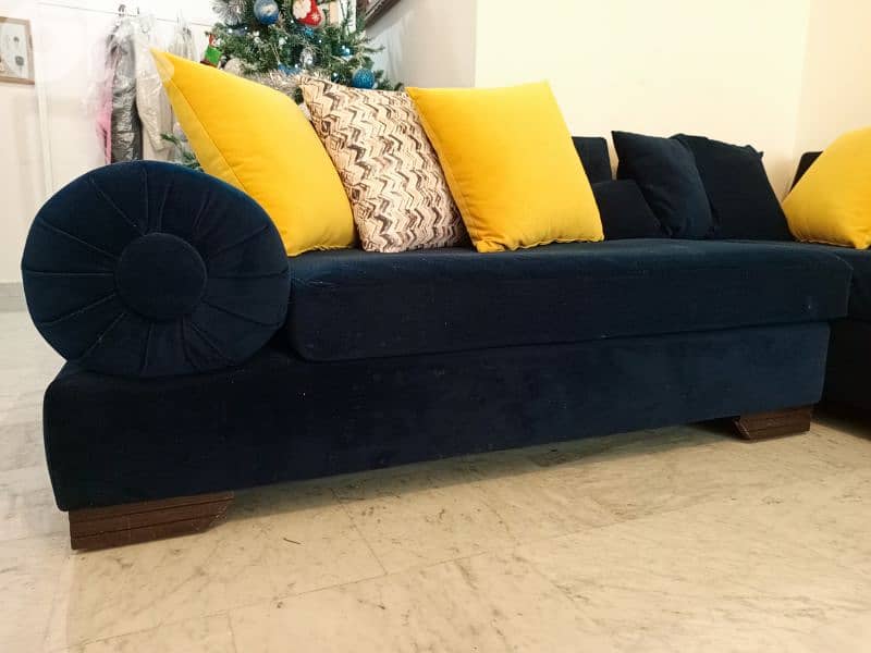 Navy Blue Velvet Corner Sectional Sofa صالون أزرق مخملي مع وسائد 4