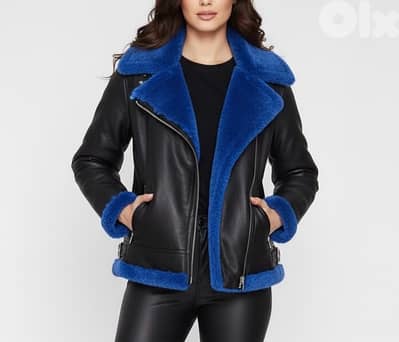 new leather jacket with blue fur