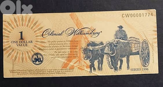 USA collectibles One Dollar souvenir Colonial Willamsburg