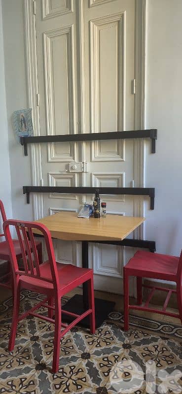 Wooden Café Table + 3 Red Chairs (Great Condition)