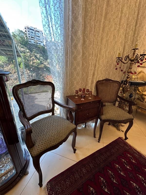 1960s Pair Cane Louis XV Style Arm Chairs Bergere Chairs and mini bahu 11