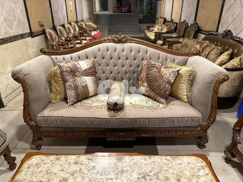 طقم كنبايات حفر ملكي مصري خشب زان اربع قطع وطاولة رخام 0