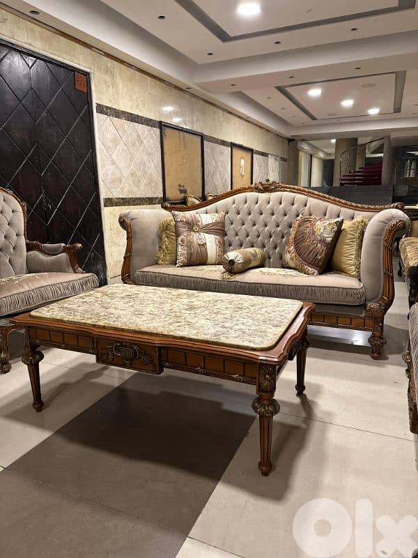 طقم كنبايات حفر ملكي مصري خشب زان اربع قطع وطاولة رخام 8