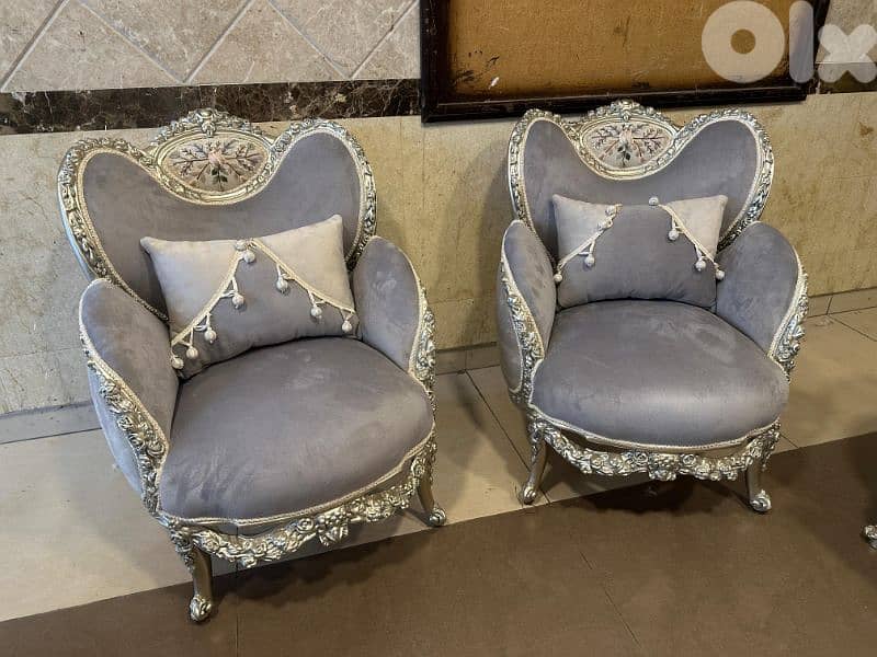 طقم كنبايات ملكي حفر خشب زان مصري جديد ست قطع وطاولة قماش وردة 12