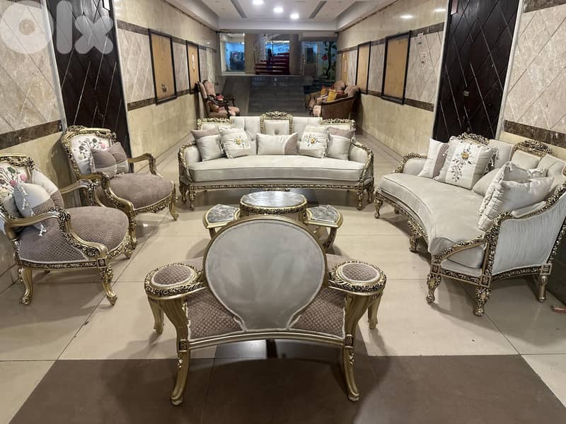 طقم كنبايات مصري حفر خشب زان جديد خمس قطع وطاولة قماش وردة 0