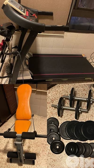 treadmill dumbbels bench weight plates