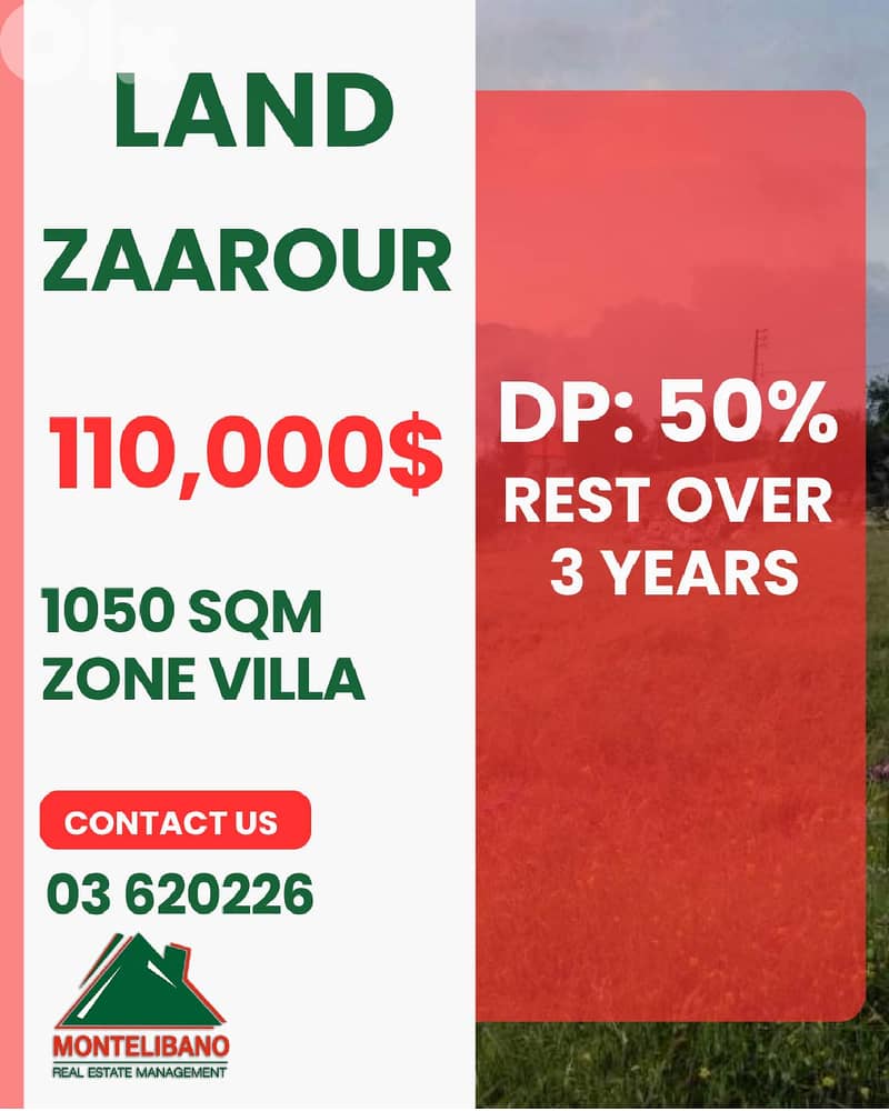 1050 sqm Land For Sale in Zaarour (زعرور) with Installment Plan 0