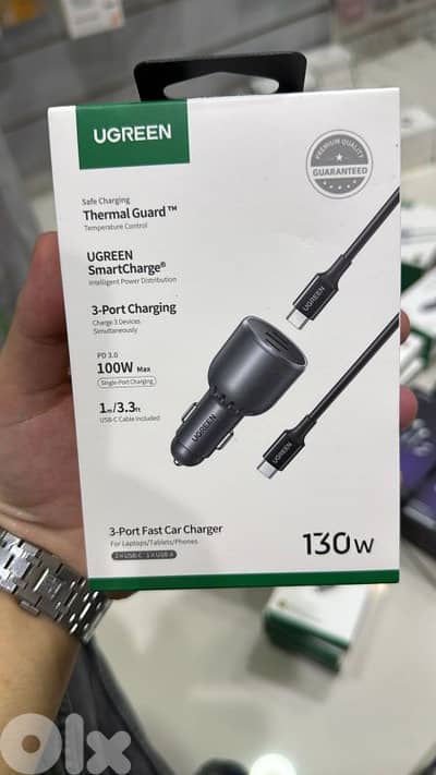 Ugreen 130w 3-port fast car charger+usb-c cable