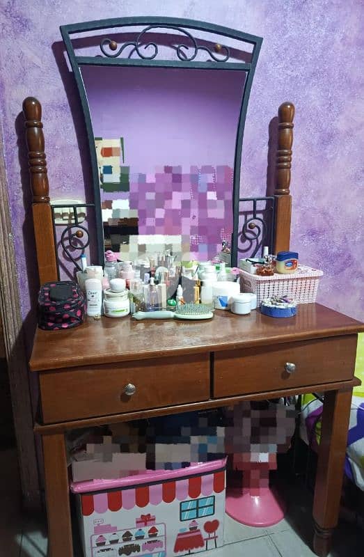 wooden vanity desk with a metal 0