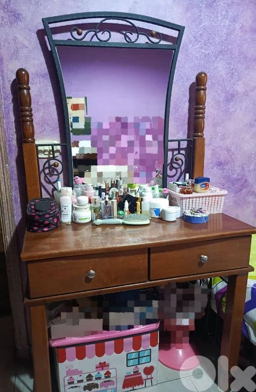wooden vanity desk with a metal 0