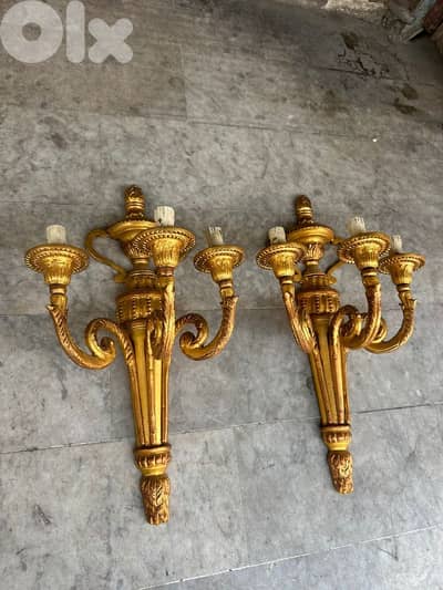 ابليك عدد ٢ فرنسي انتيك برونز ٣ شمعات تلبيس ورق ذهب
