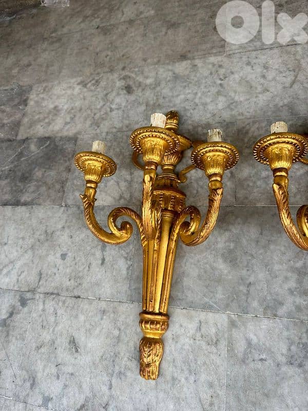 ابليك عدد ٢ فرنسي انتيك برونز ٣ شمعات تلبيس ورق ذهب 1