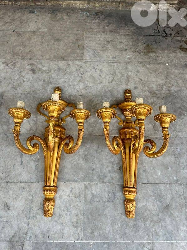 ابليك عدد ٢ فرنسي انتيك برونز ٣ شمعات تلبيس ورق ذهب 2