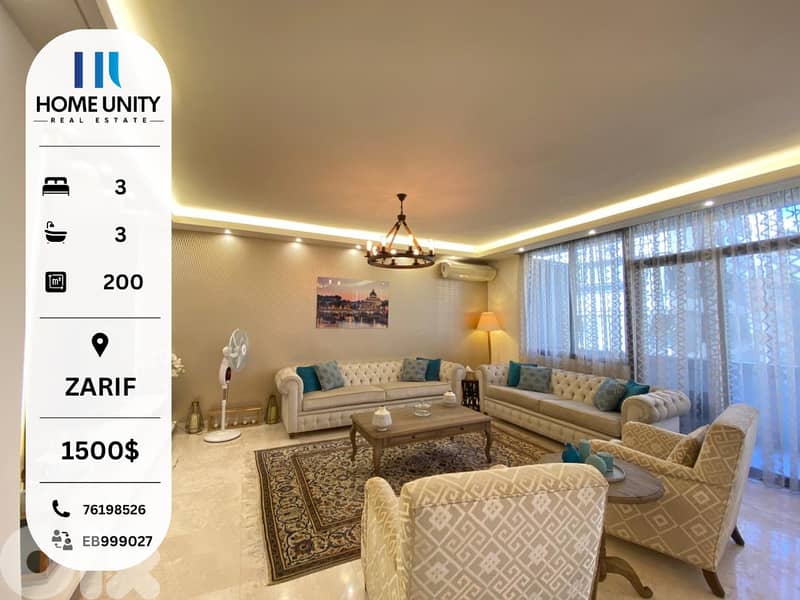 Elegant Furnished Apartment for Rent in the Calm Heart of Zarif-Beirut 0