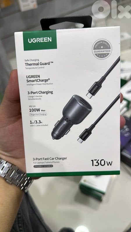 Ugreen 130w 3-port fast car charger+usb-c 0